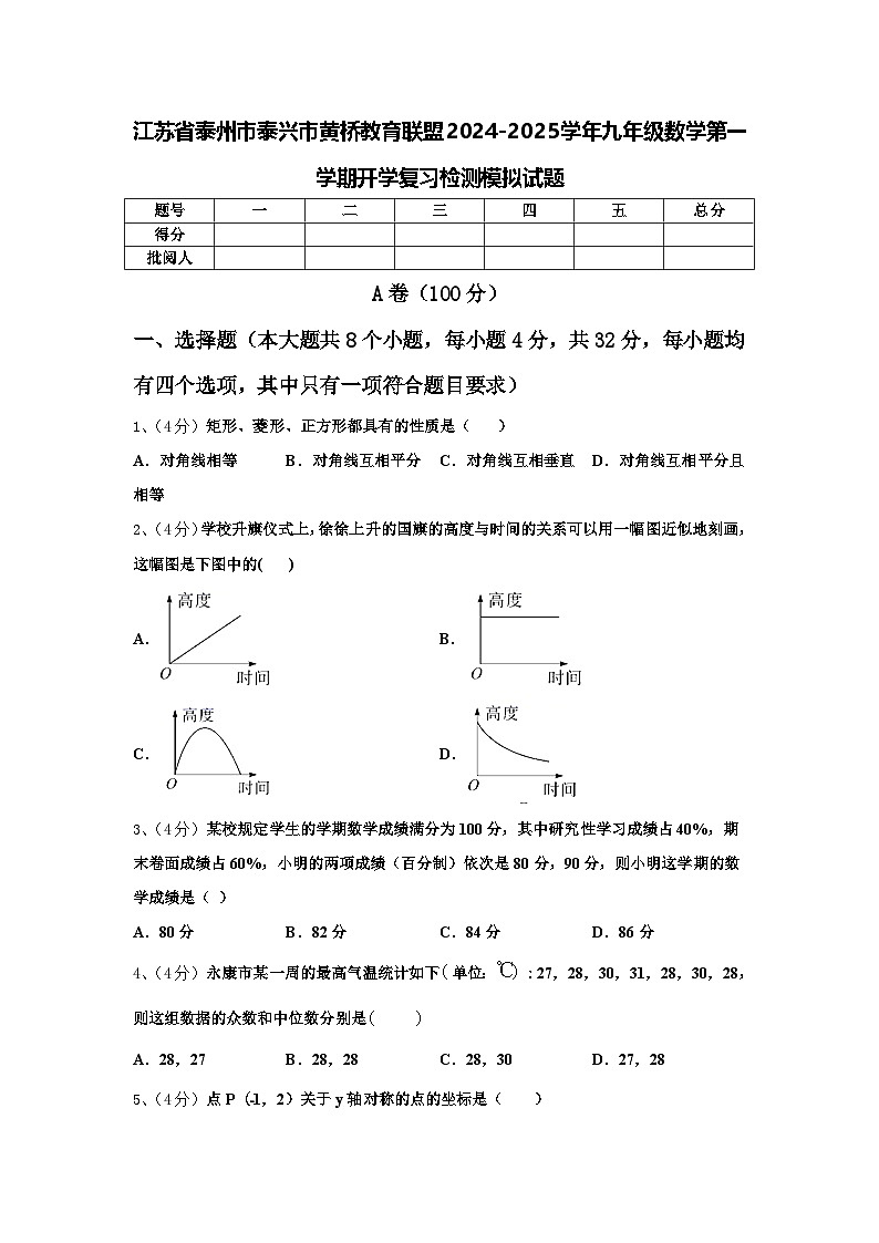 江苏省泰州市泰兴市黄桥教育联盟2024-2025学年九年级数学第一学期开学复习检测模拟试题【含答案】第1页