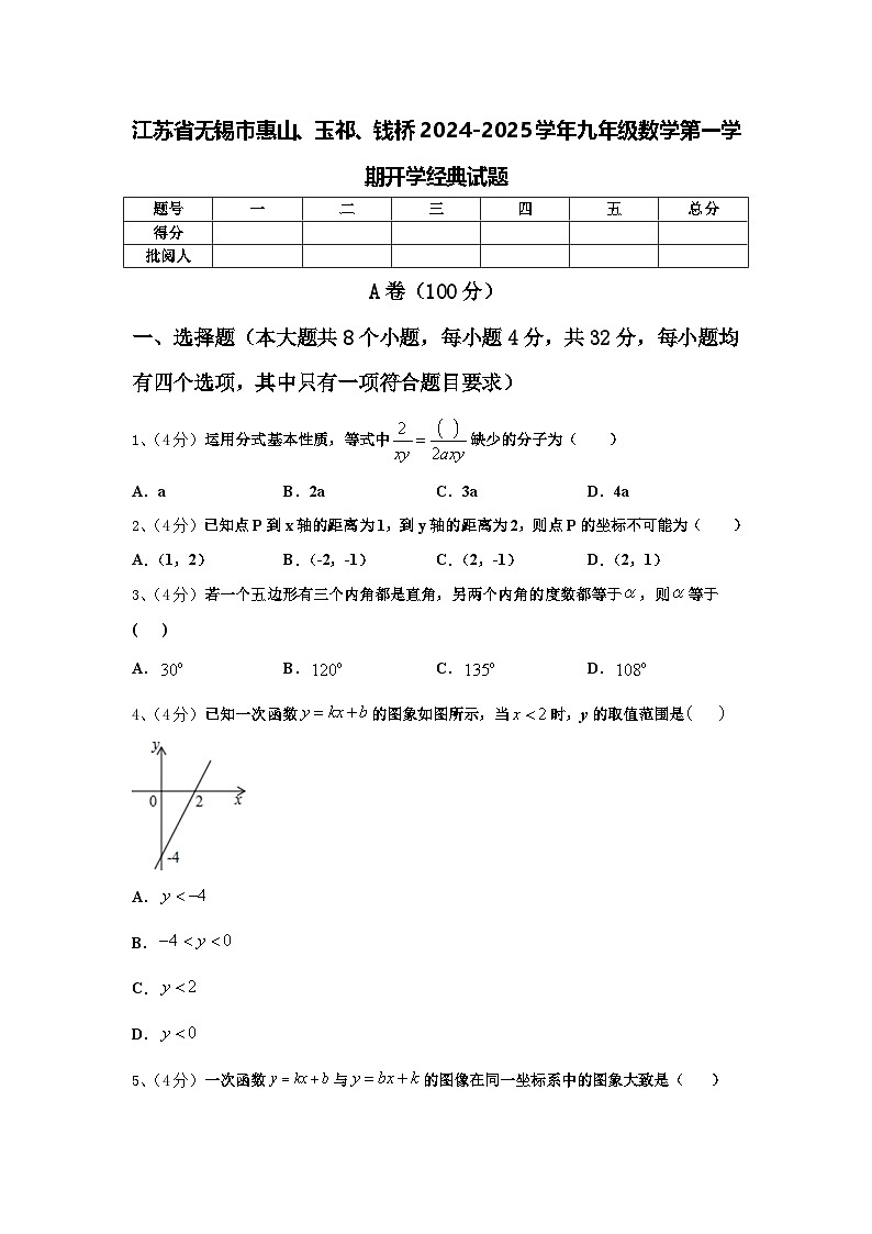 江苏省无锡市惠山、玉祁、钱桥2024-2025学年九年级数学第一学期开学经典试题【含答案】第1页