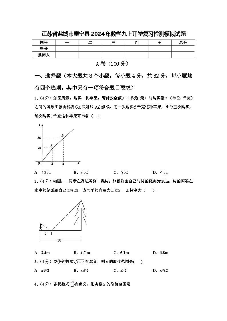 江蘇省鹽城市阜寧縣2024年數(shù)學(xué)九上開學(xué)復(fù)習(xí)檢測(cè)模擬試題【含答案】第1頁(yè)