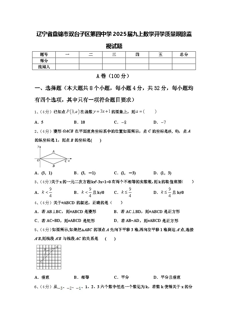 辽宁省盘锦市双台子区第四中学2025届九上数学开学质量跟踪监视试题【含答案】01