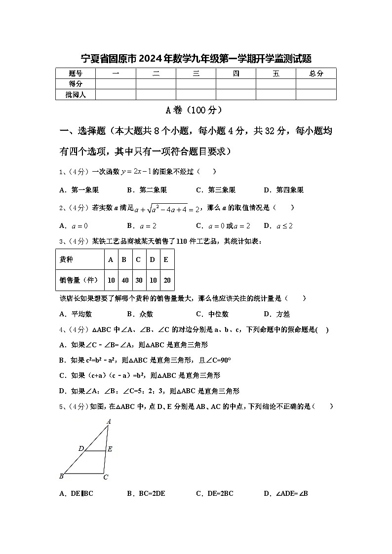 宁夏省固原市2024年数学九年级第一学期开学监测试题【含答案】第1页