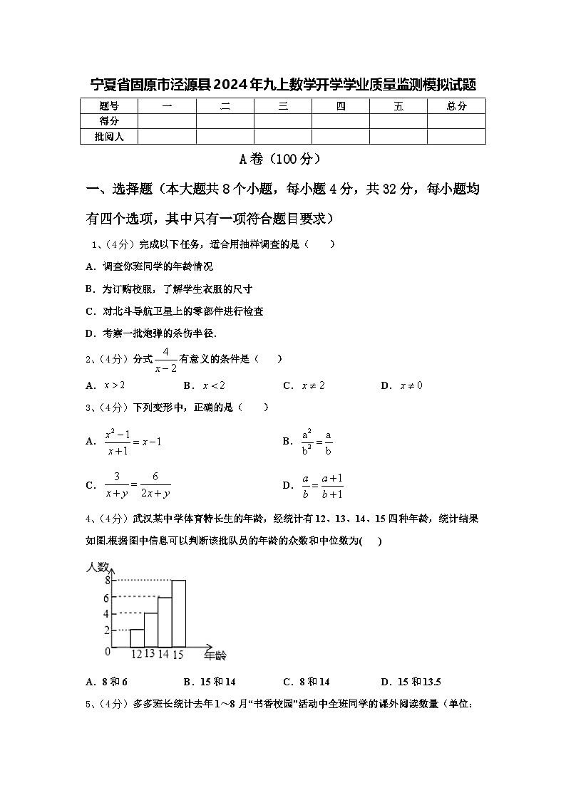 宁夏省固原市泾源县2024年九上数学开学学业质量监测模拟试题【含答案】第1页