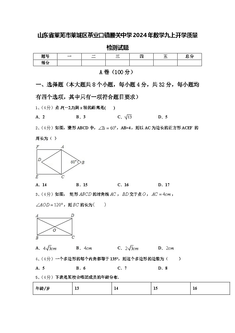 山东省莱芜市莱城区茶业口镇腰关中学2024年数学九上开学质量检测试题【含答案】01