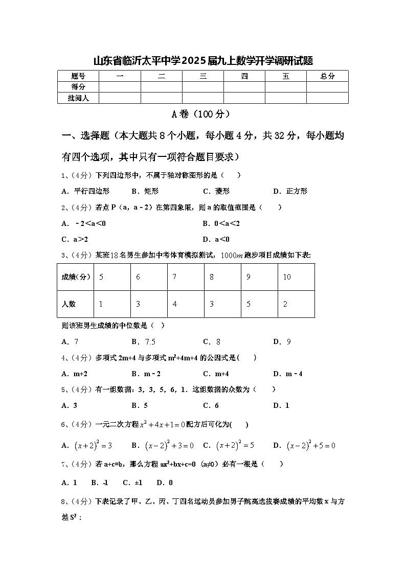 山东省临沂太平中学2025届九上数学开学调研试题【含答案】第1页