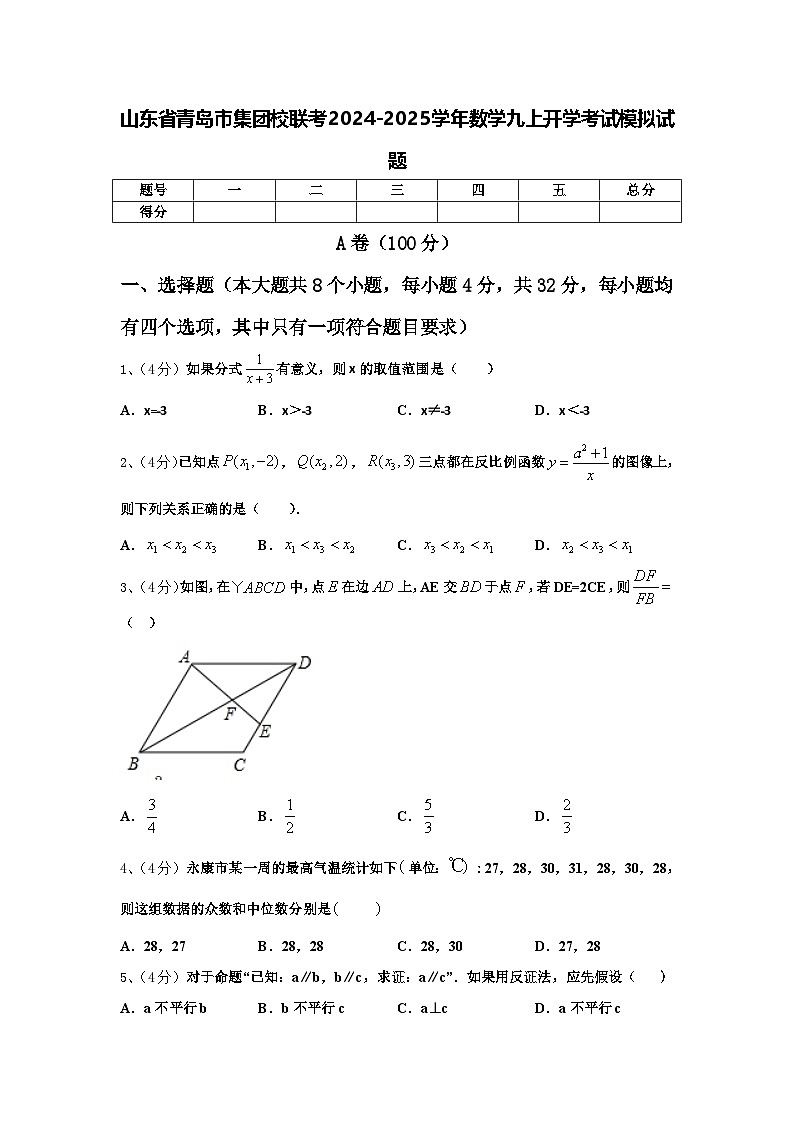 山东省青岛市集团校联考2024-2025学年数学九上开学考试模拟试题【含答案】第1页