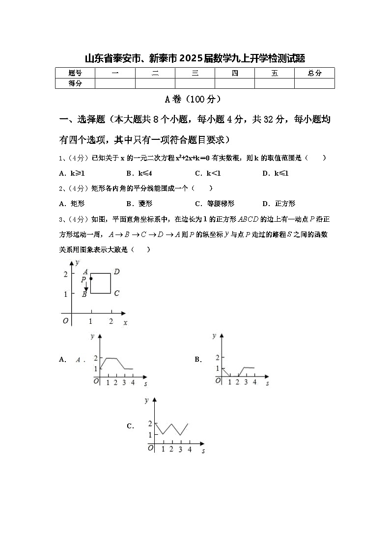 山东省泰安市、新泰市2025届数学九上开学检测试题【含答案】第1页