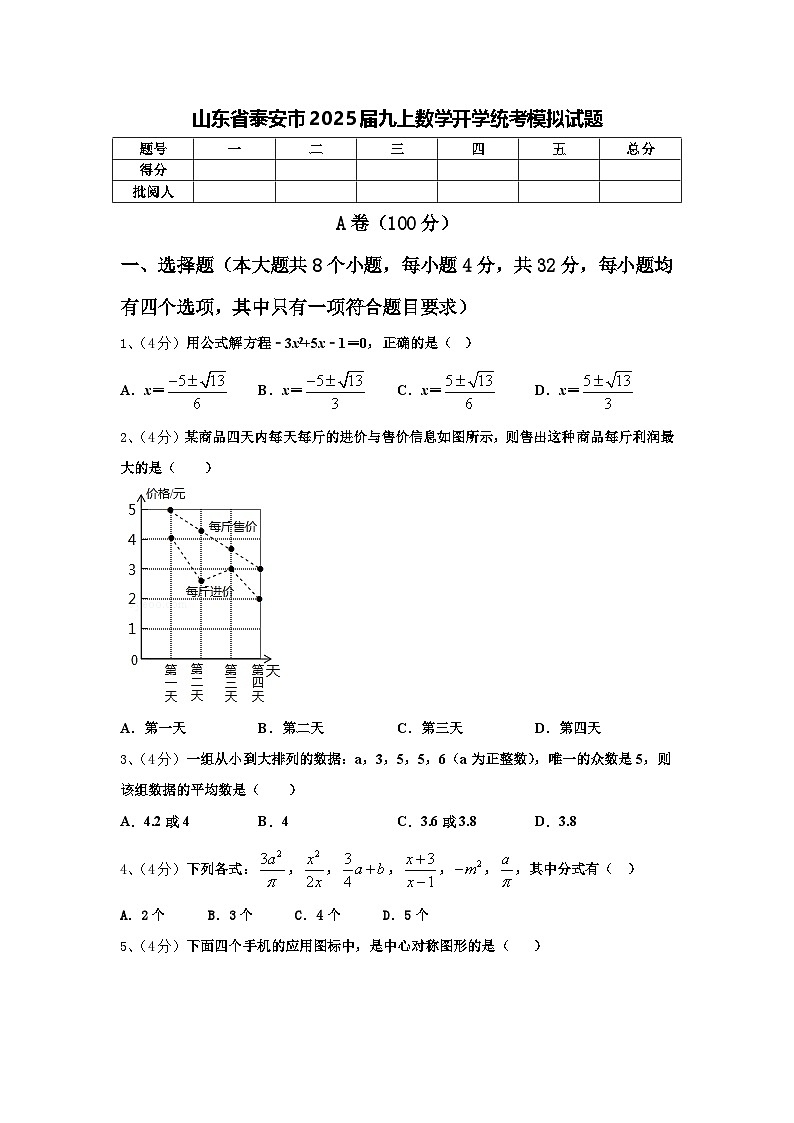 山东省泰安市2025届九上数学开学统考模拟试题【含答案】第1页