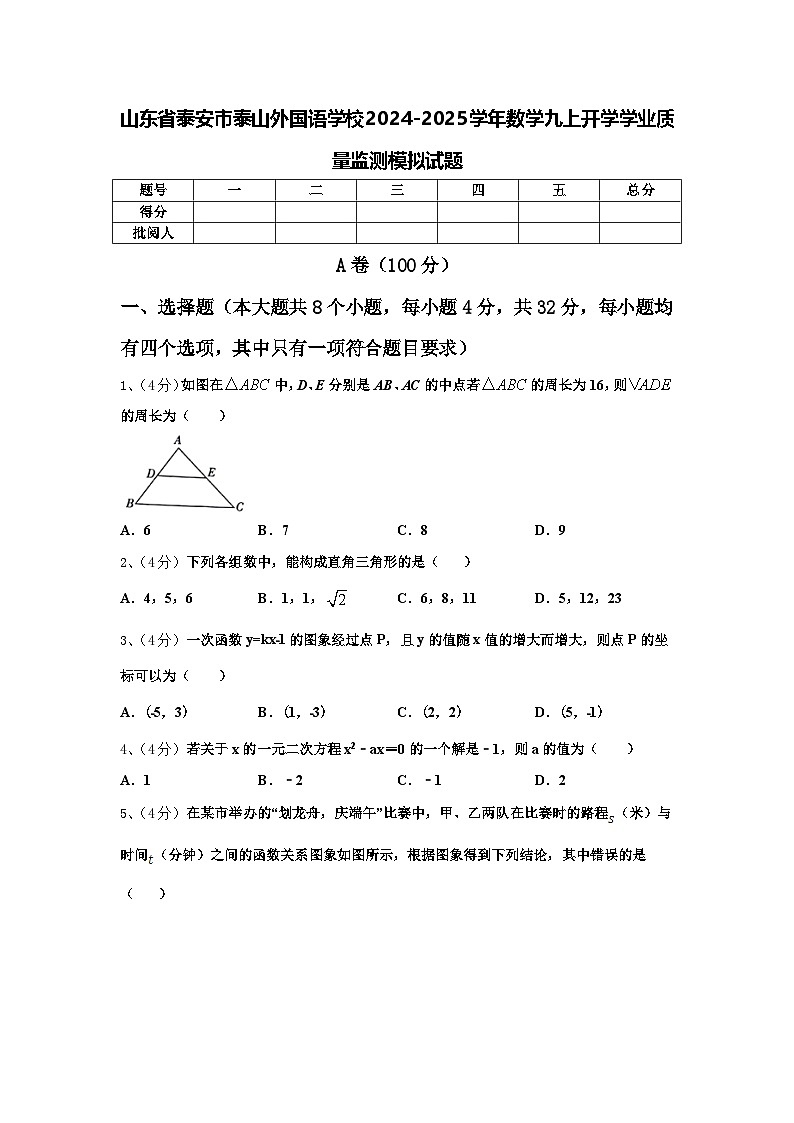 山东省泰安市泰山外国语学校2024-2025学年数学九上开学学业质量监测模拟试题【含答案】第1页