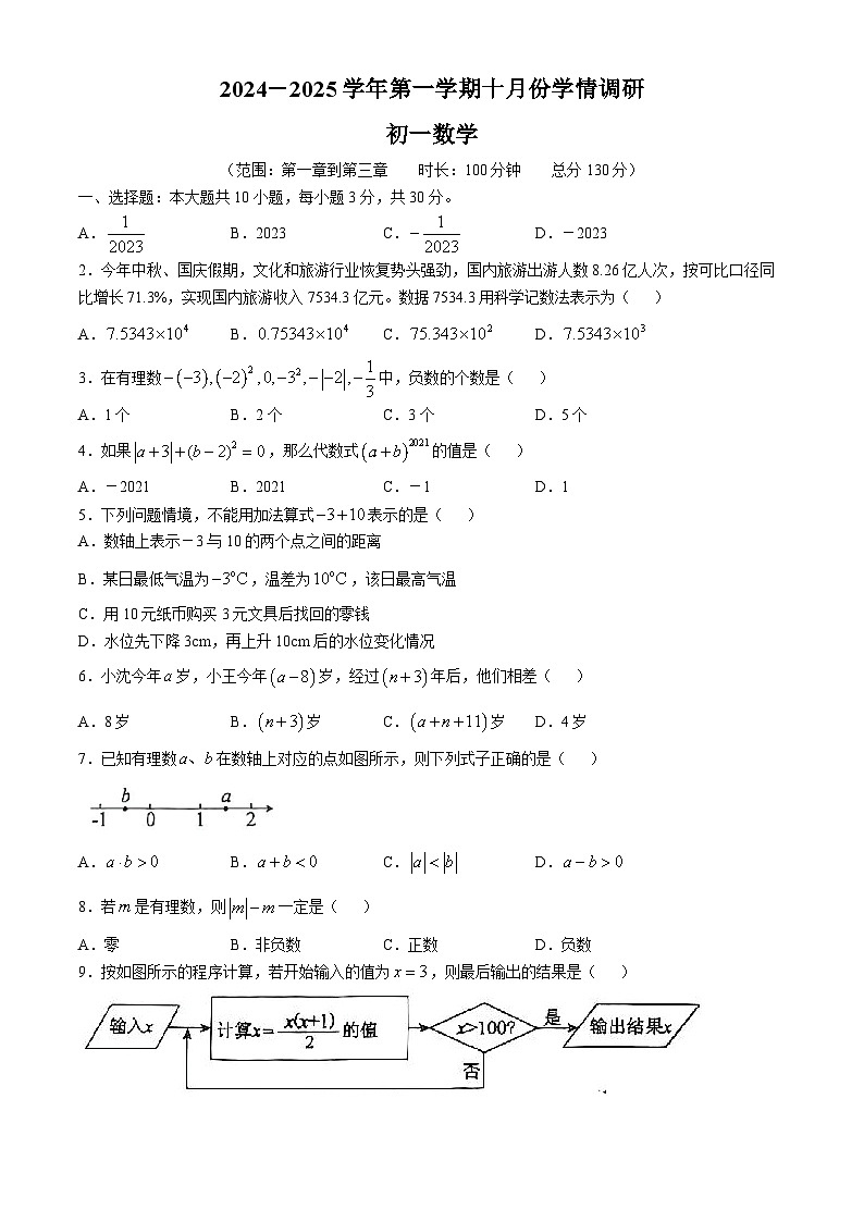 江苏省苏州市震泽中学2024--2025学年上学期七年级数学月考试卷 (无答案)第1页