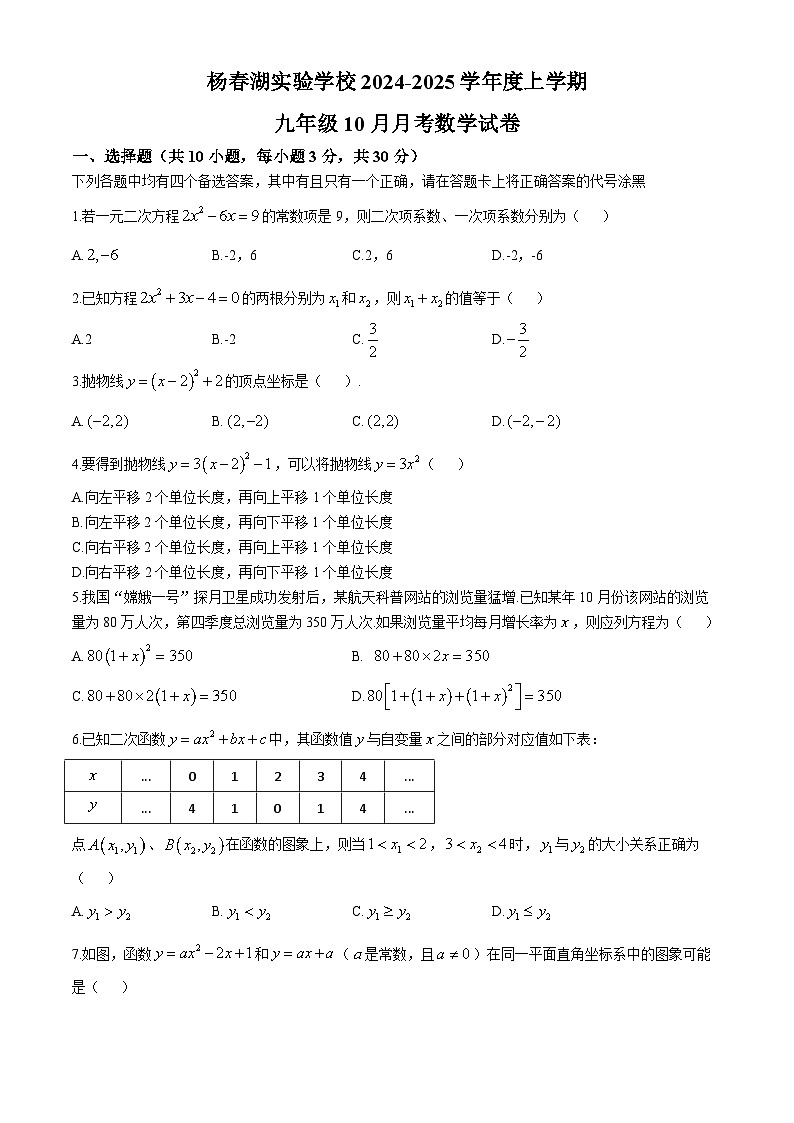 湖北省武汉市洪山区杨春湖实验学校2024-2025学年九年级上学期10月月考数学试卷(无答案)第1页