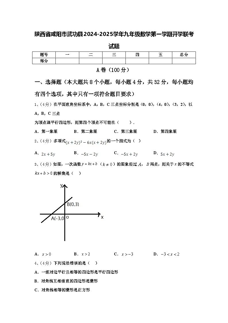 陕西省咸阳市武功县2024-2025学年九年级数学第一学期开学联考试题【含答案】第1页