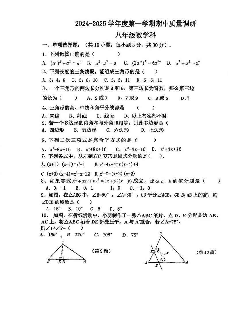 广东省江门市楼山初级中学2024-2025学年八年级上学期期中考试数学试题第1页