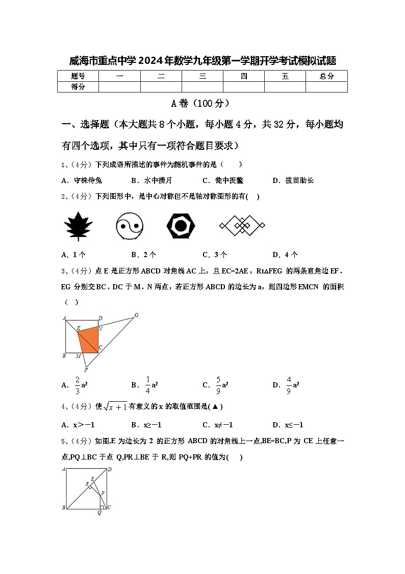 威海市重点中学2024年数学九年级第一学期开学考试模拟试题【含答案】第1页