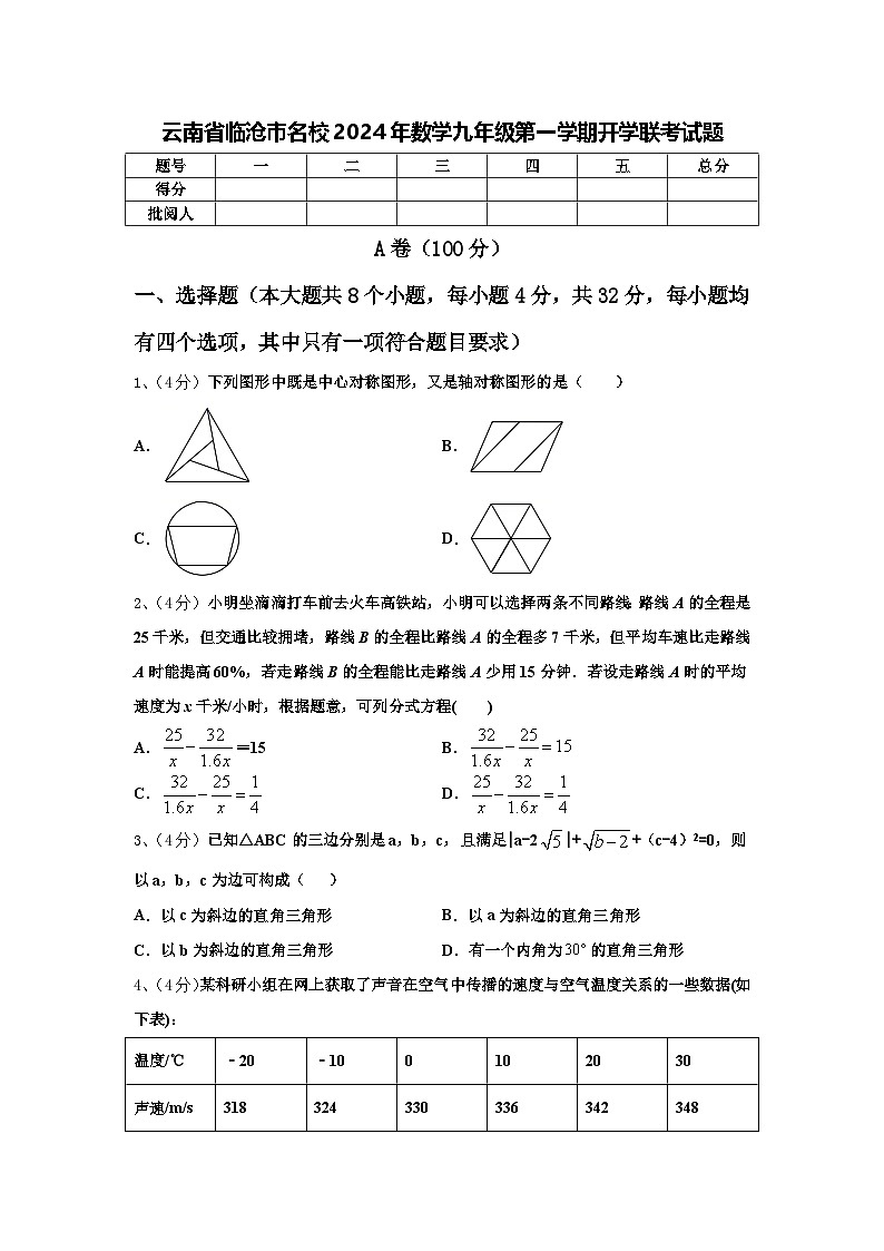 云南省临沧市名校2024年数学九年级第一学期开学联考试题【含答案】01