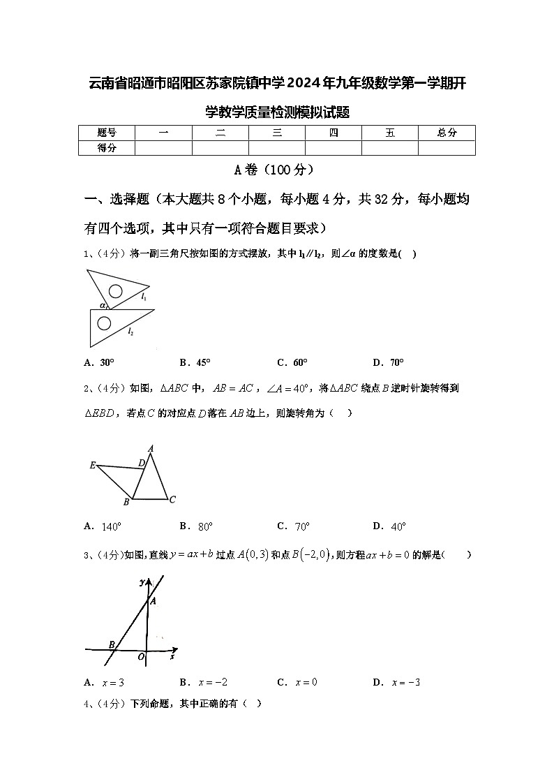 云南省昭通市昭阳区苏家院镇中学2024年九年级数学第一学期开学教学质量检测模拟试题【含答案】第1页