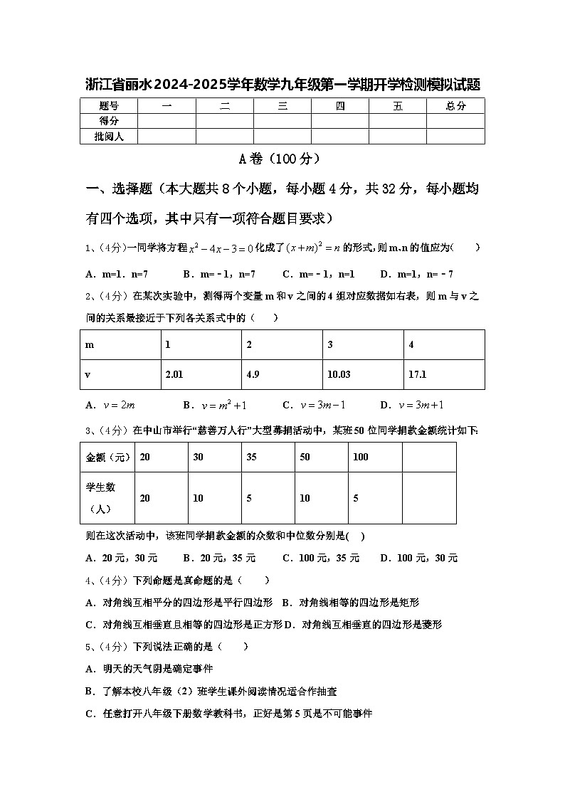 浙江省丽水2024-2025学年数学九年级第一学期开学检测模拟试题【含答案】第1页