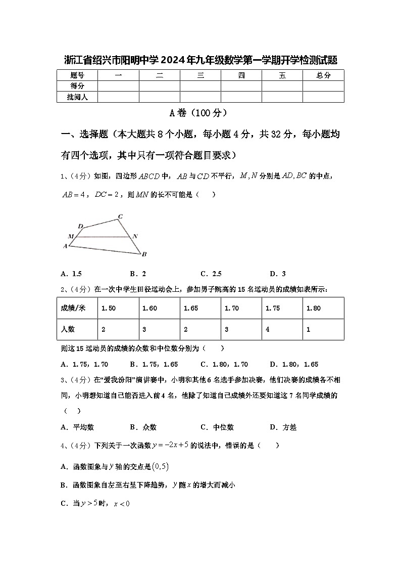 浙江省绍兴市阳明中学2024年九年级数学第一学期开学检测试题【含答案】第1页