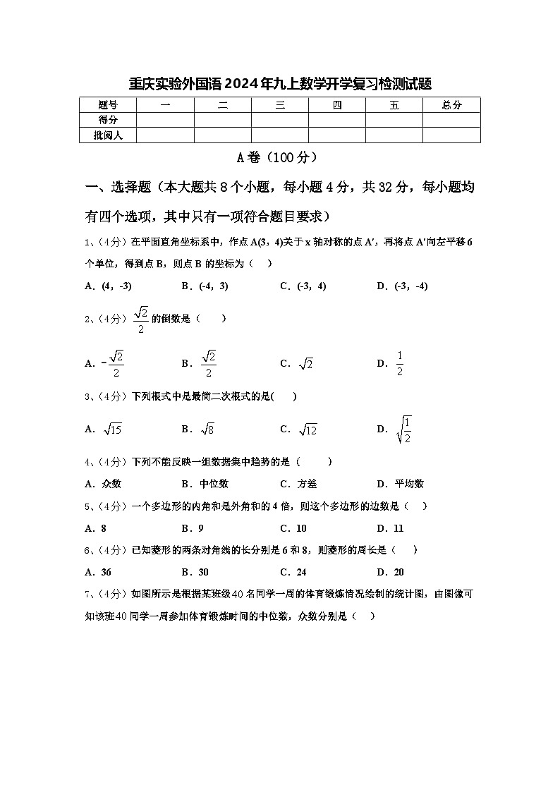 重庆实验外国语2024年九上数学开学复习检测试题【含答案】第1页