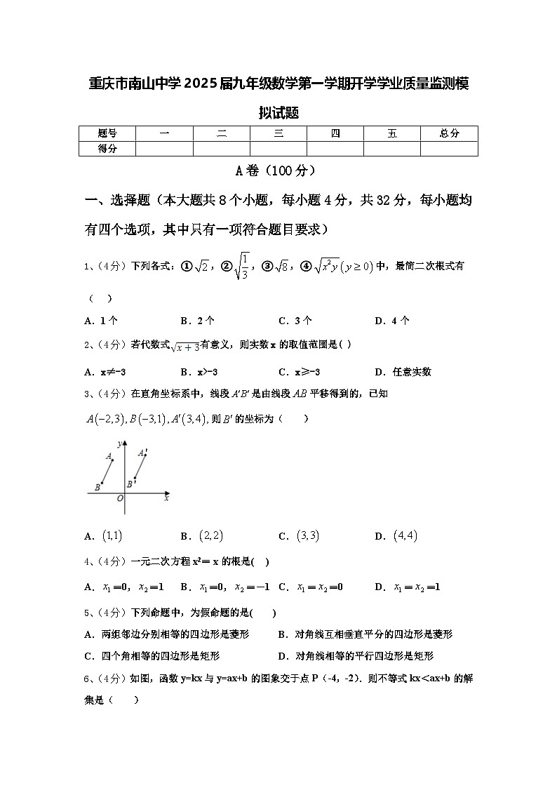 重庆市南山中学2025届九年级数学第一学期开学学业质量监测模拟试题【含答案】第1页