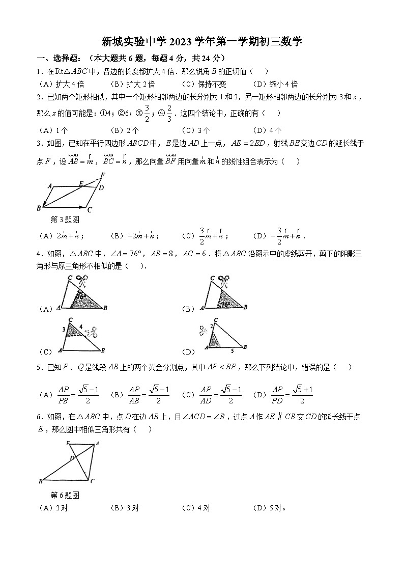 上海市嘉定区新城实验中学2022-2023学年九年级上学期期中考试数学试卷(无答案)第1页