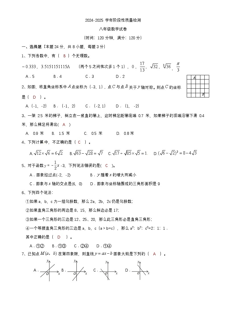 2024-2025上学年青岛八年级期中数学试题解析第1页