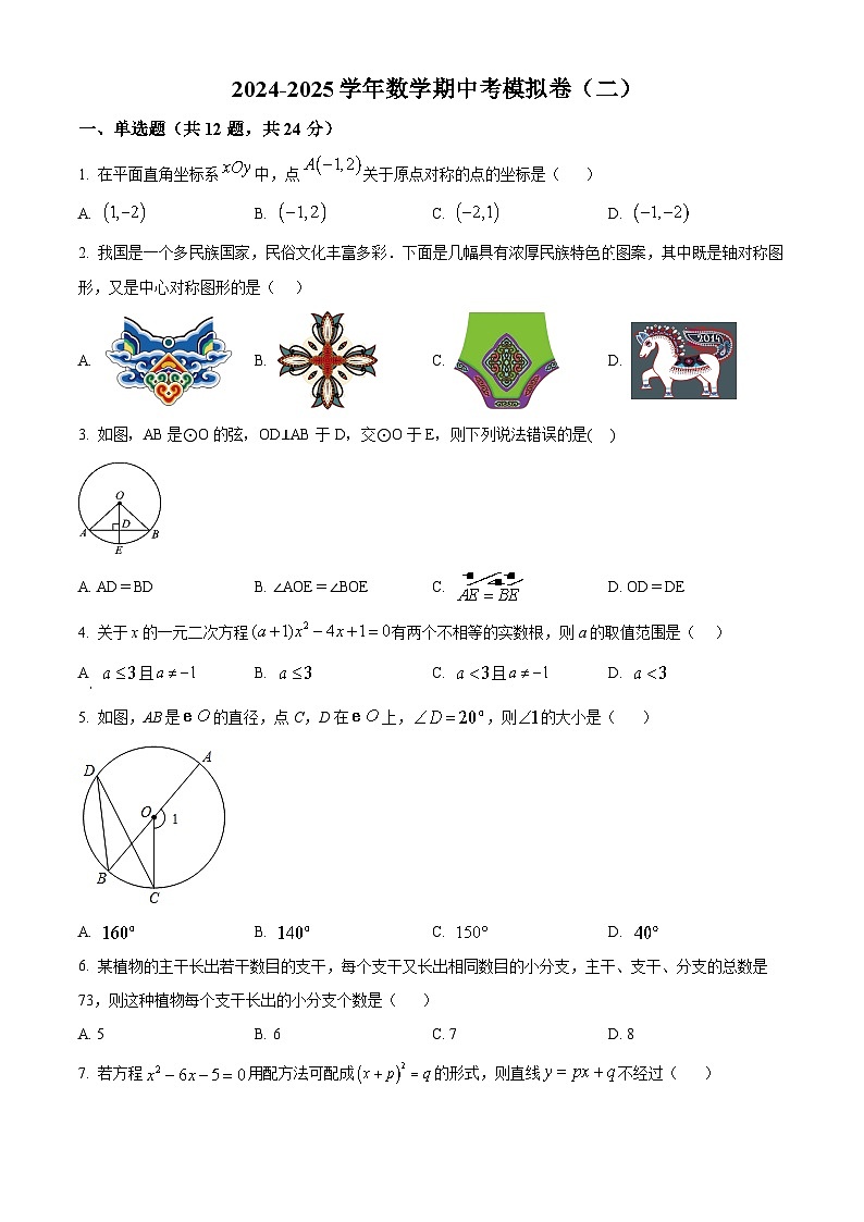 精品解析:云南省玉溪市红塔区2024-2025学年上学期期中考九年级数学模拟卷(二)(原卷版)第1页