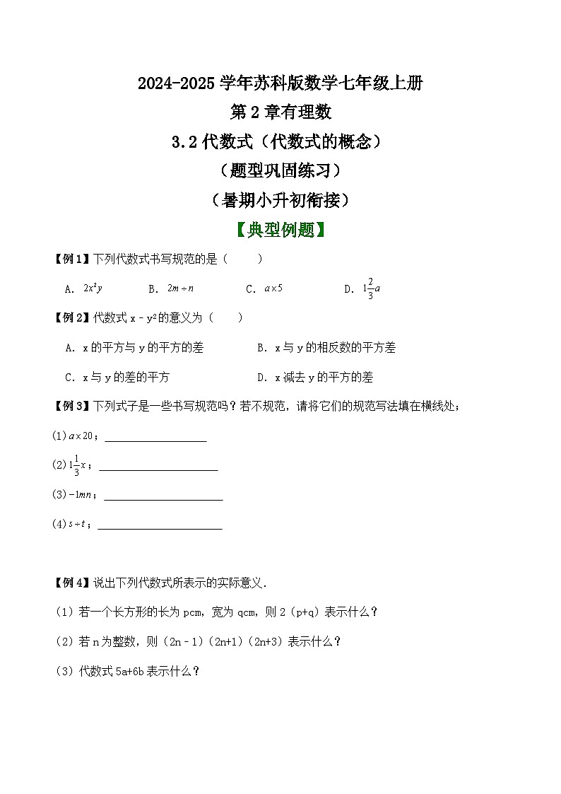 3.2代数式(代数式的概念)(题型巩固练习)(暑期小升初衔接)2024-2025学年苏科版数学七年级上册第1页