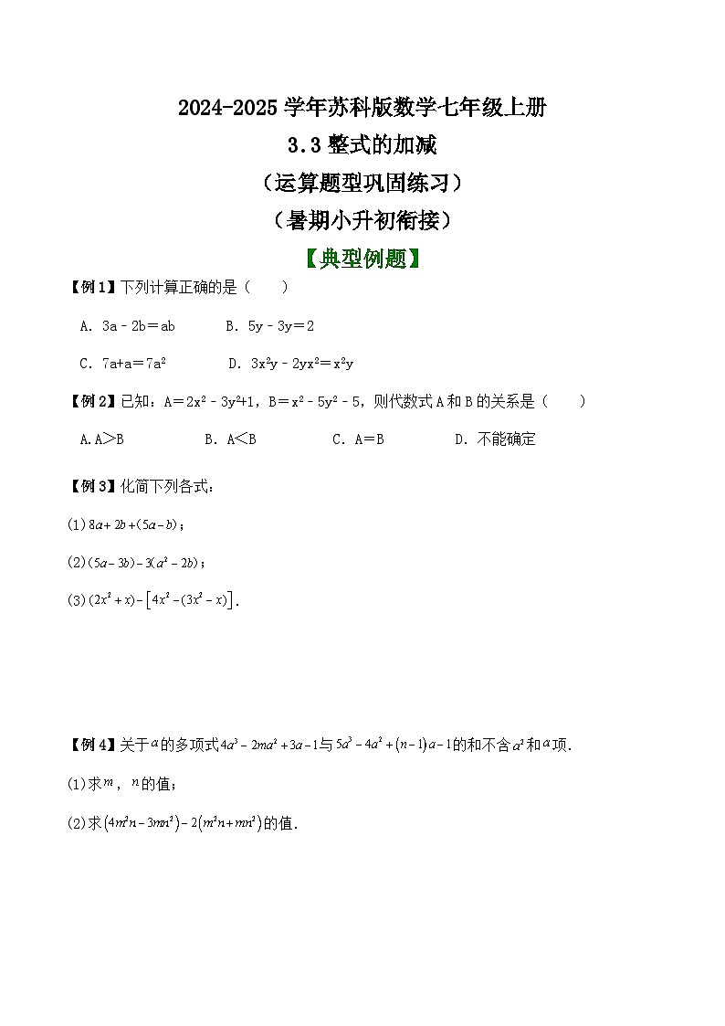 3.3整式的加减(运算题型巩固练习)(暑期小升初衔接) 2024-2025学年苏科版数学七年级上册第1页
