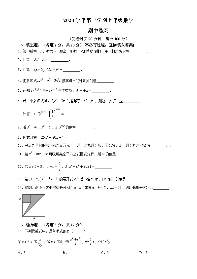 上海市闵行区北桥学校2023-2024学年七年级上学期期中数学练习卷101