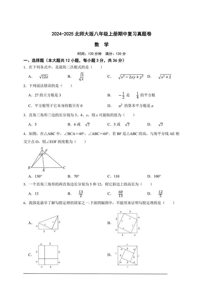 2024~2025北师大版八年级上册期中复习真题数学卷(原卷版)01