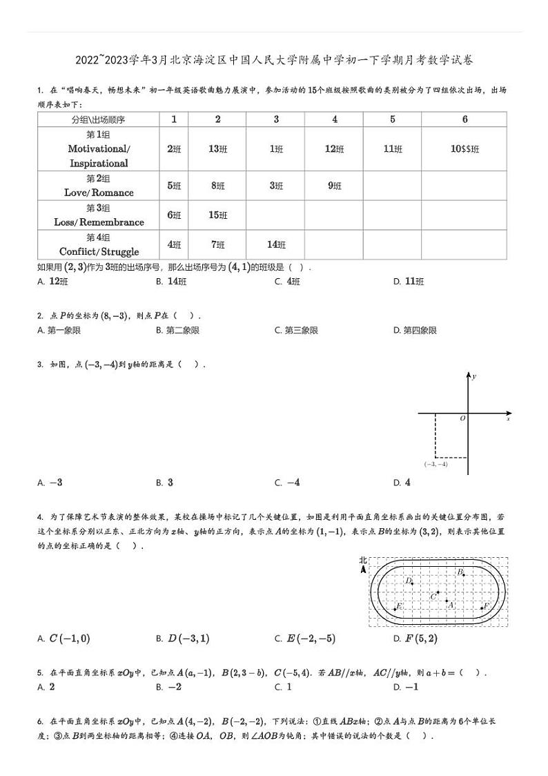 2022_2023学年3月北京海淀区中国人民大学附属中学初一下学期月考数学试卷原题版01