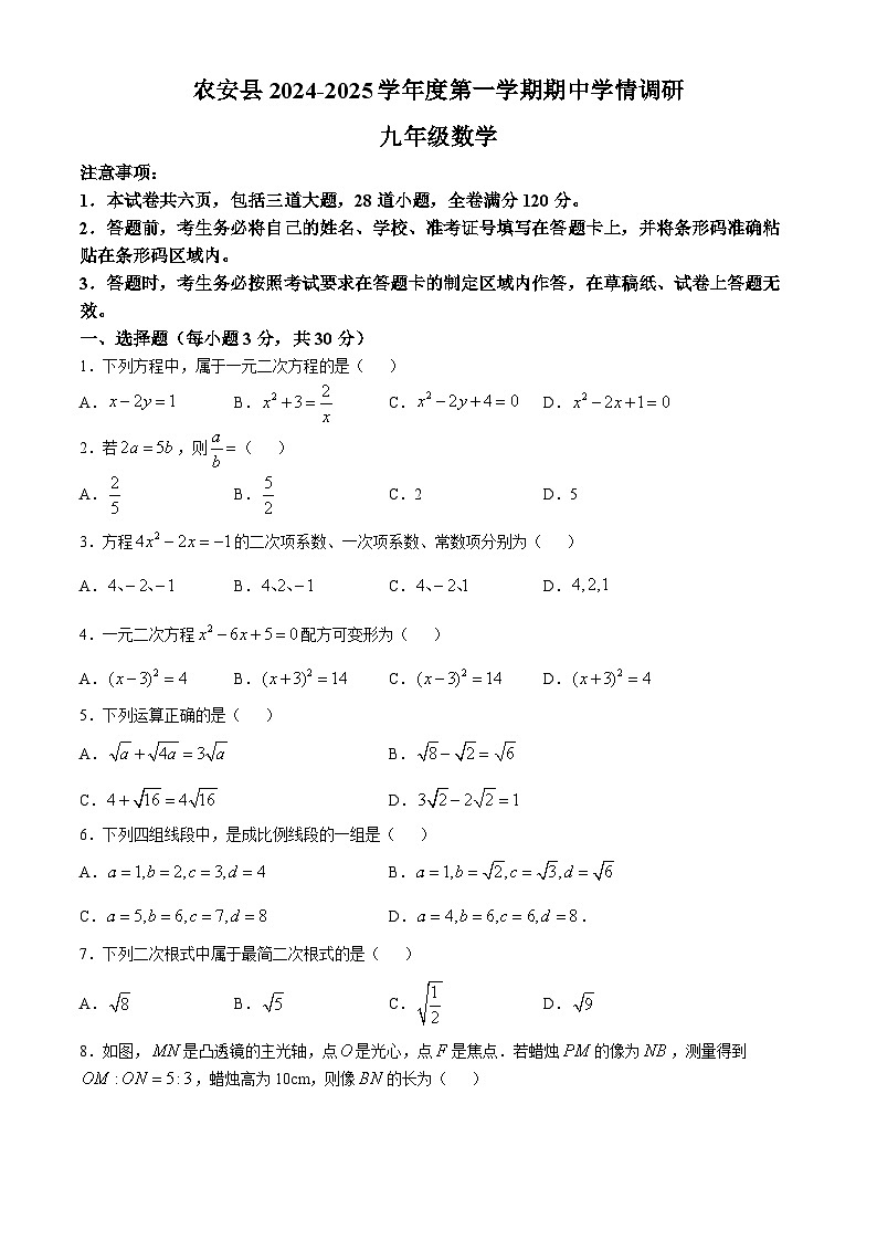 吉林省长春市农安县2024-2025学年九年级上学期期中数学测试卷(无答案)第1页