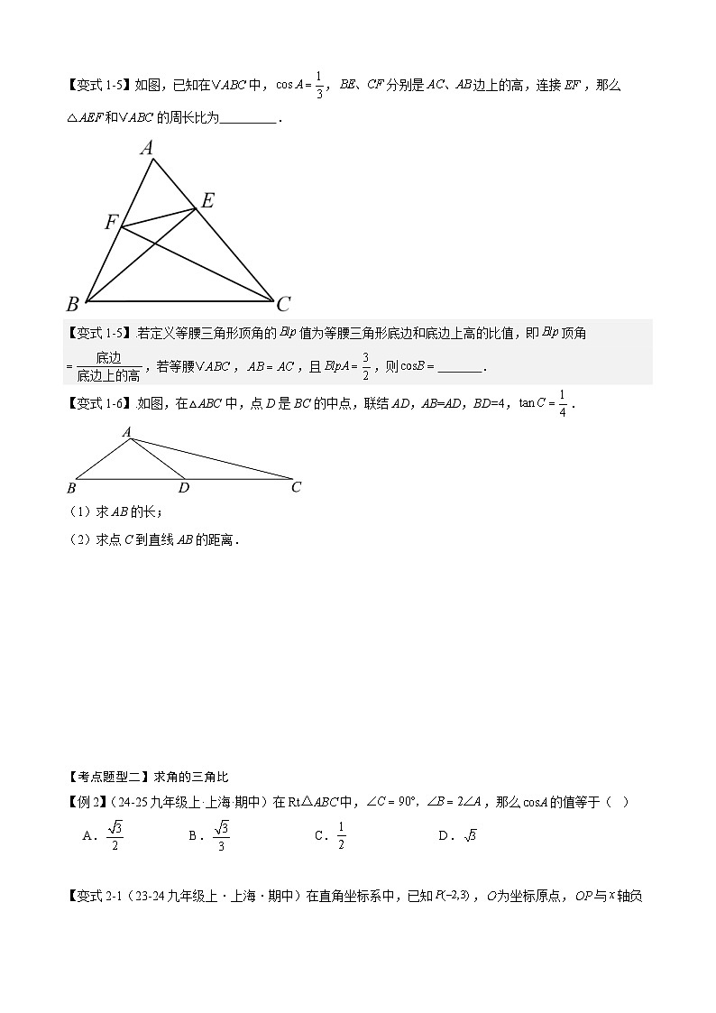 专题04 锐角的三角比(考点清单,知识导图+4个考点清单+6种题型解读)原卷版-2024-2025学年九年级数学上学期期中考点大串讲(沪教版)03