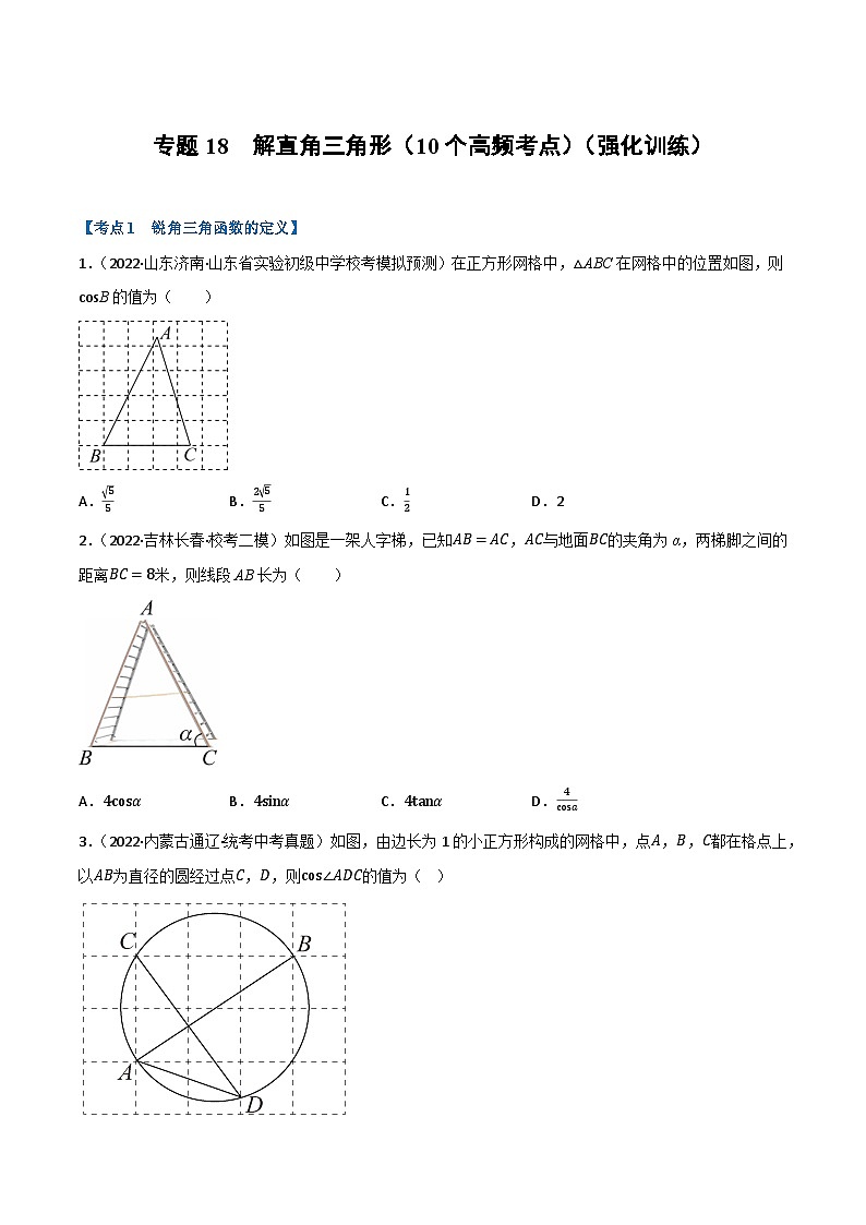 中考数学总复习举一反三系列(通用版)专题18解直角三角形(10个高频考点)(强化训练)(全国通用)(原卷版+解析)第1页