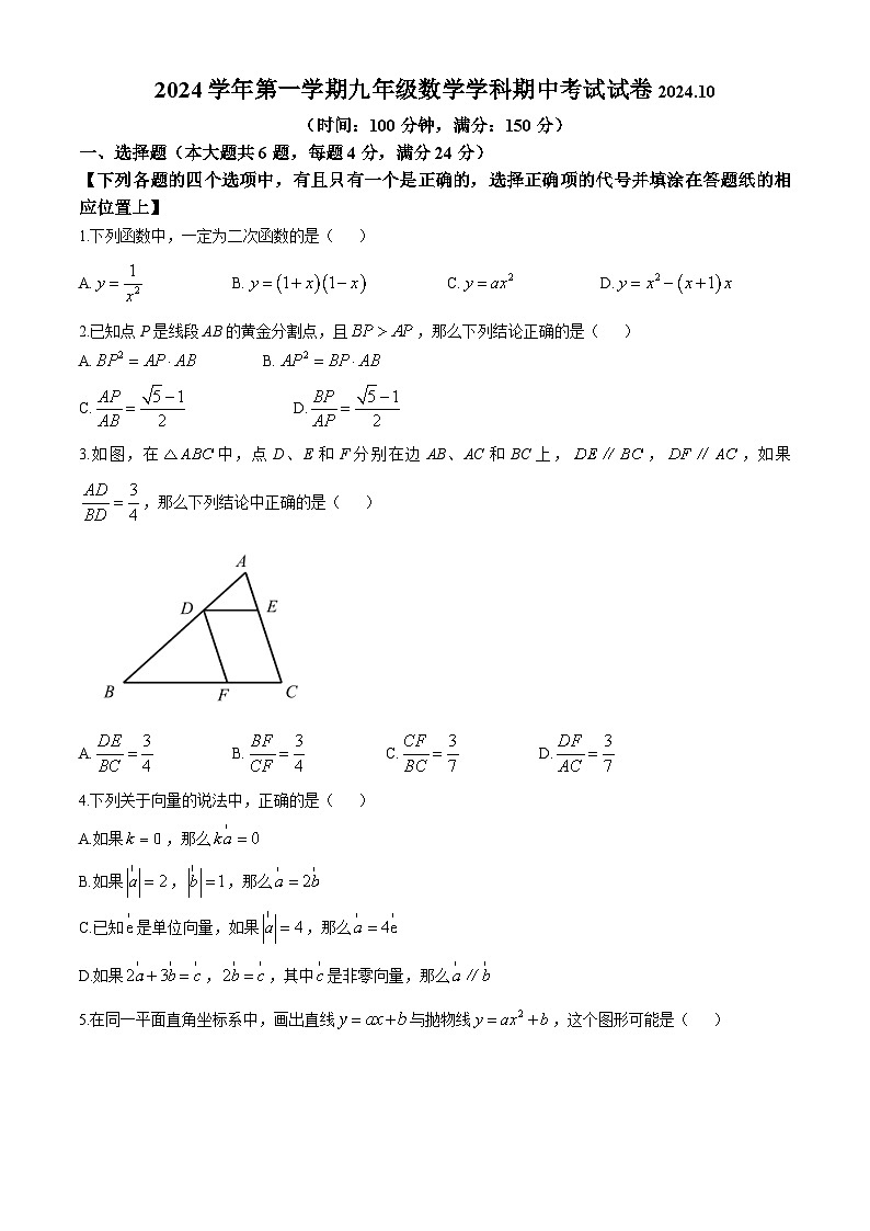 上海市普陀区2024-2025学年九年级上学期数学期中考试试卷第1页