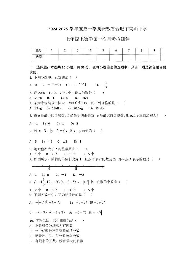 安徽省合肥市蜀山区中学2024~—2025学年上学期第一次月考七年级数学检测卷(无答案)01