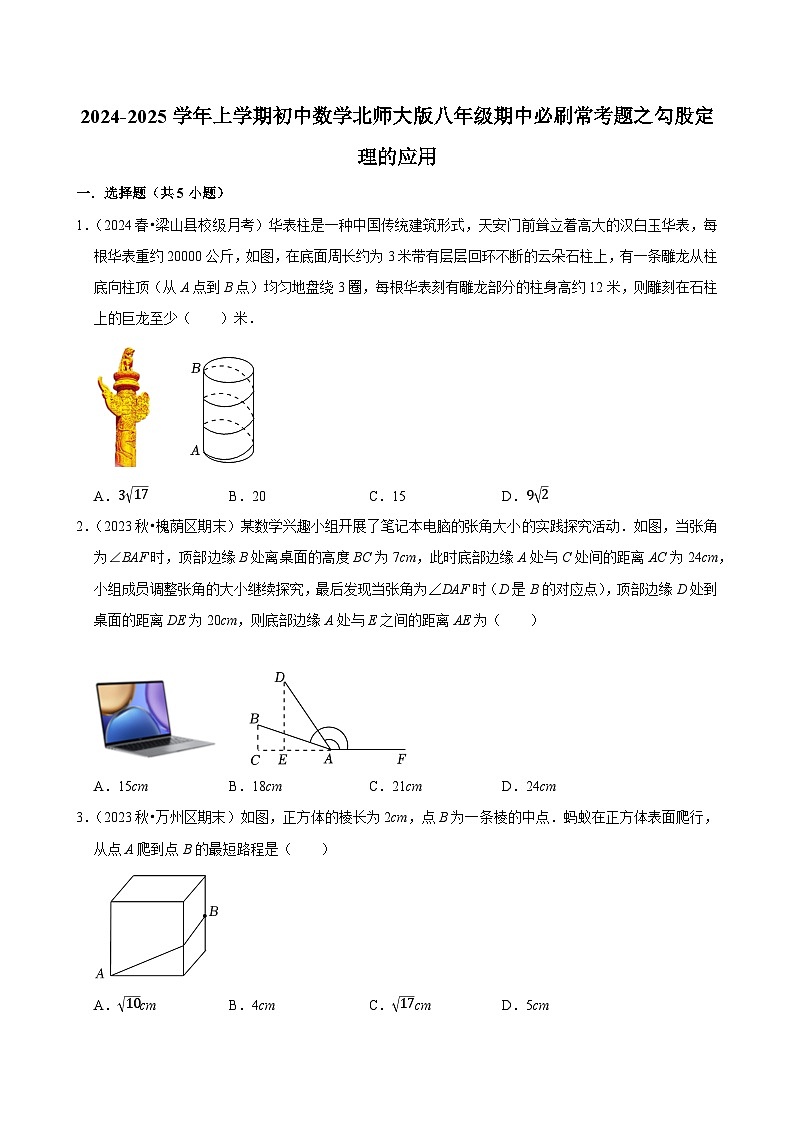2024-2025学年上学期初中数学北师大版八年级期中必刷常考题之勾股定理的应用第1页