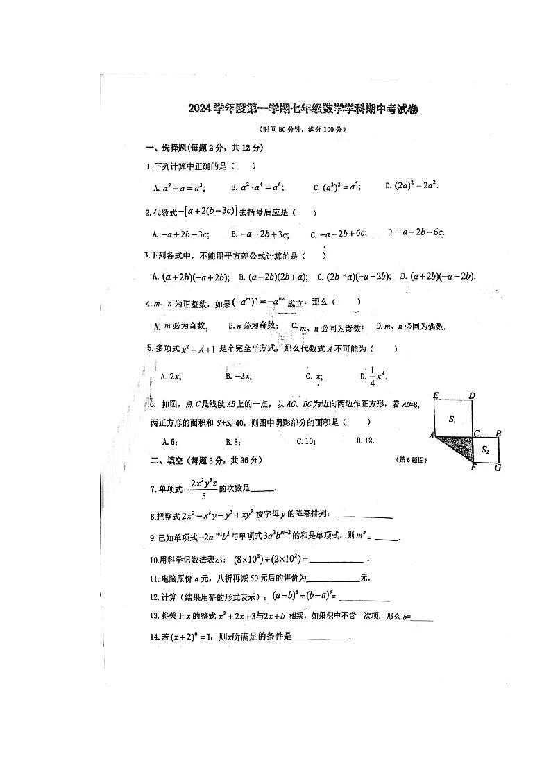 上海市曹杨第二中学附属学校2024-2025学年七年级上学期期中考试数学试题01