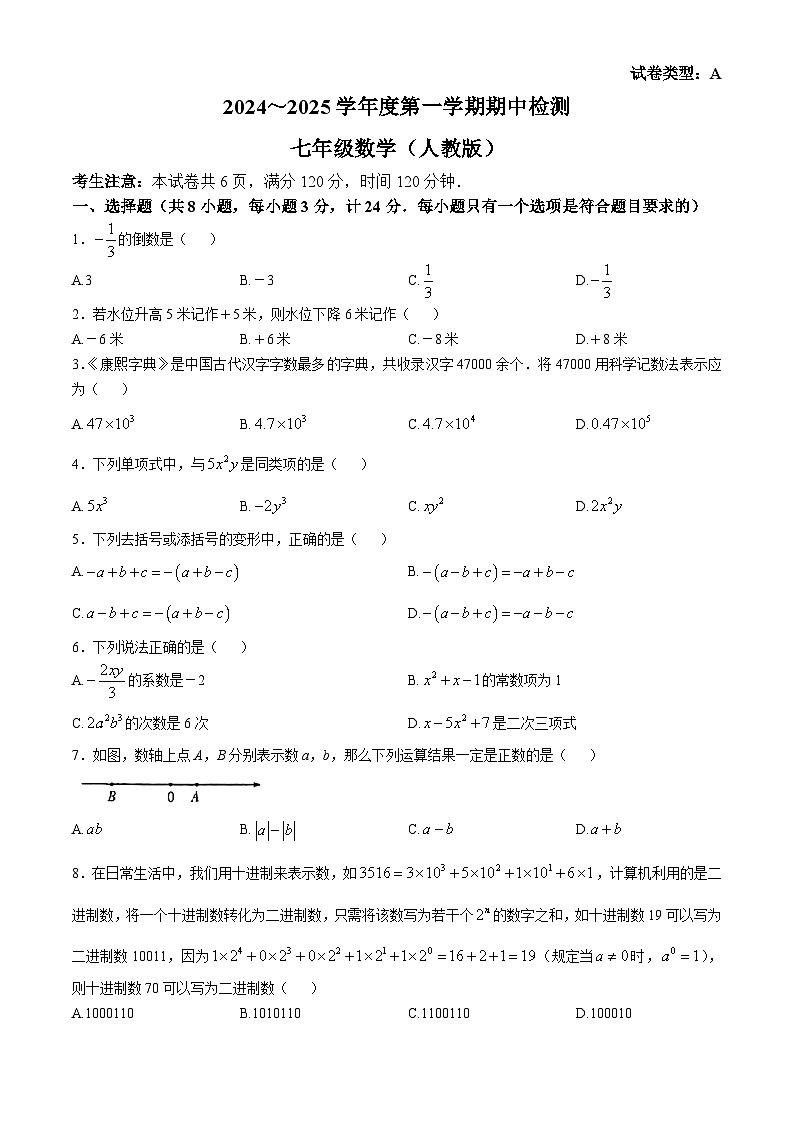 陕西省安康市紫阳县芭蕉乡九年制学校2024-2025学年七年级上学期期中数学试题01