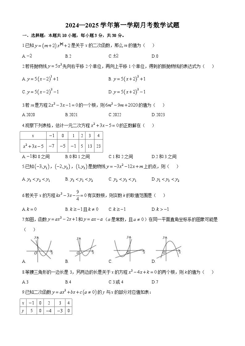 山东省济宁市邹城市第十二中学2024--2025学年上学期九年级月考数学试题(无答案)