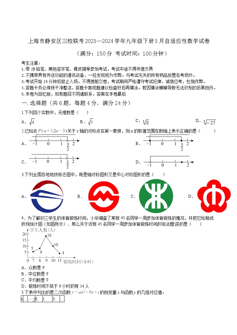 上海市静安区三校联考2024届九年级下学期3月自适应性考试数学试卷(含答案)