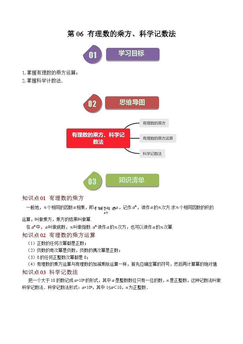 北师大版数学七年级上册同步讲义第2章第06讲 有理数的乘方、科学记数法(5类热点题型讲练)(原卷版)第1页