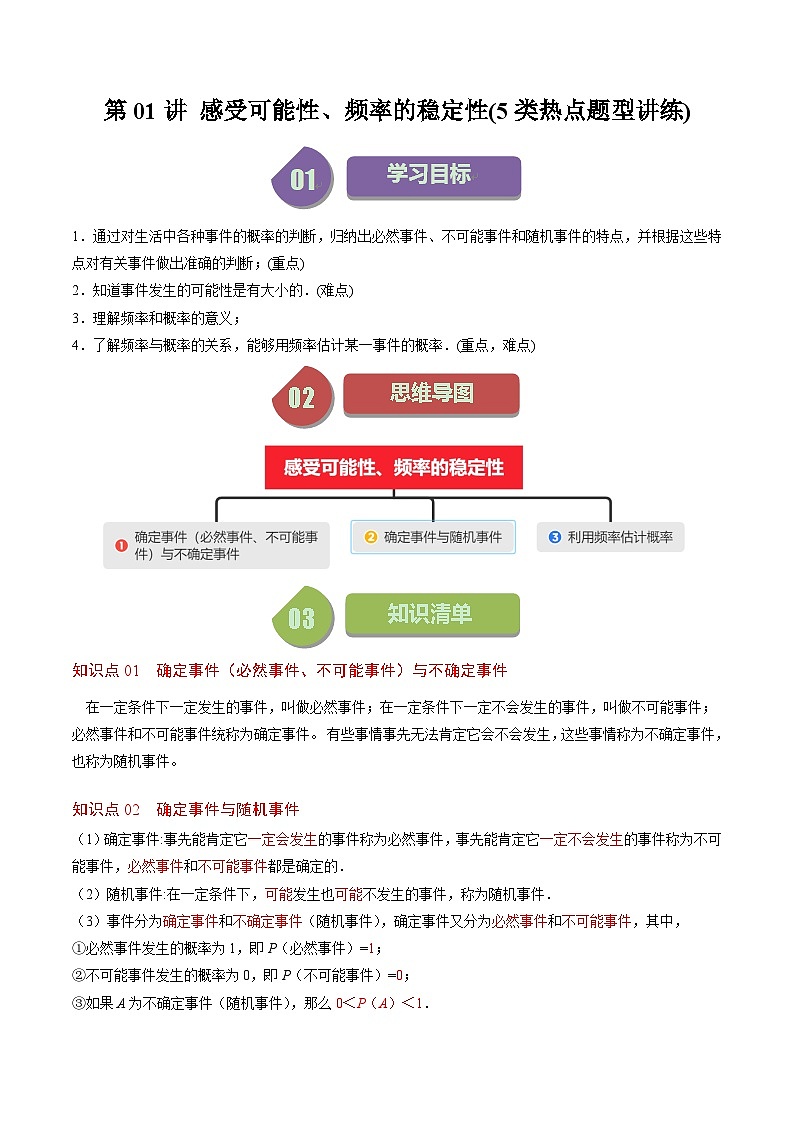 北师大版数学七年级下册同步讲义第六章第01讲 感受可能性、频率的稳定性(5类热点题型讲练)(解析版)第1页