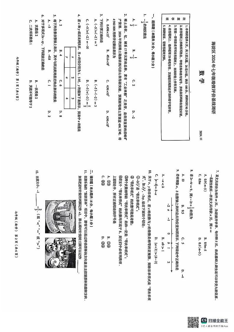 2024北京海淀人教版七年级增值评价基线调研期中-数学试卷—无答案第1页