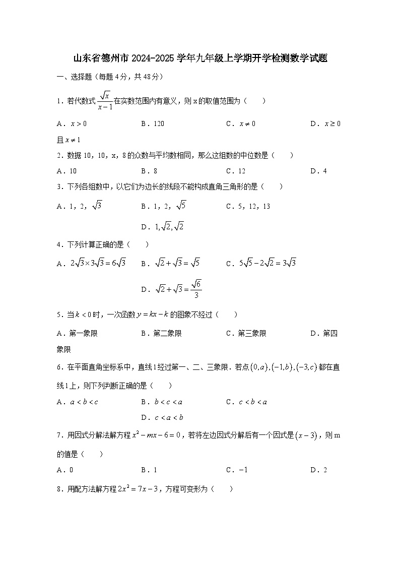 山东省德州市2024-2025学年九年级上册开学检测数学试题（附答案）