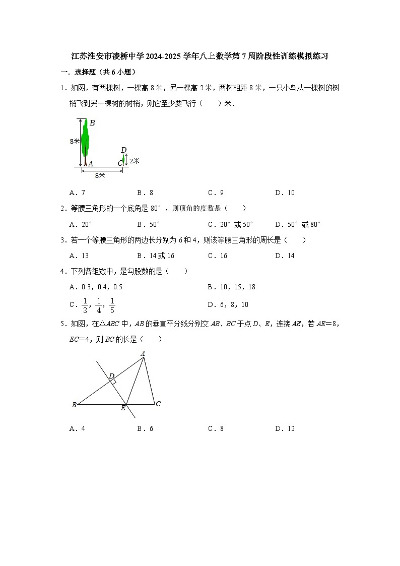 江苏淮安市凌桥中学2024-2025学年八上数学第7周阶段性训练模拟练习【含答案】第1页