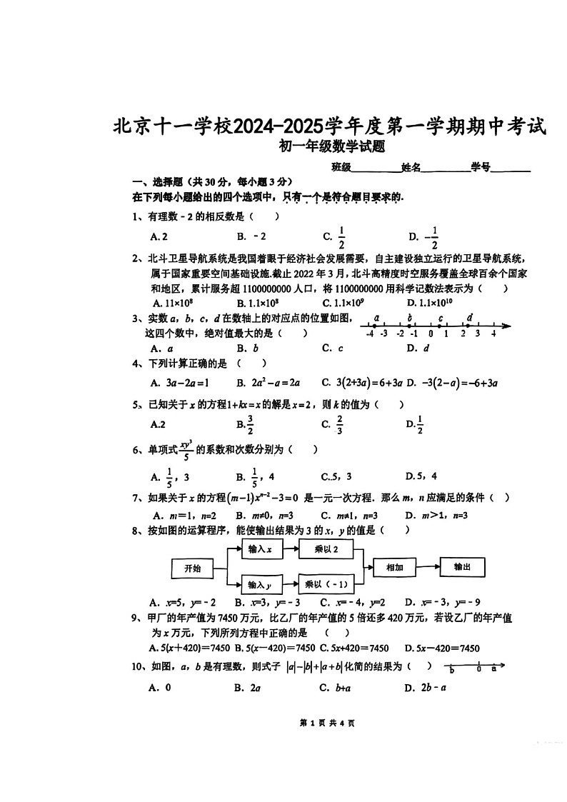 2024北京十一学校初一上学期期中数学试卷第1页
