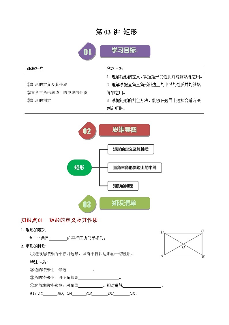 人教版数学八年级下册同步讲义+练习第十八章第03讲 矩形(3个知识点+5类热点题型讲练+习题巩固)(原卷版)第1页