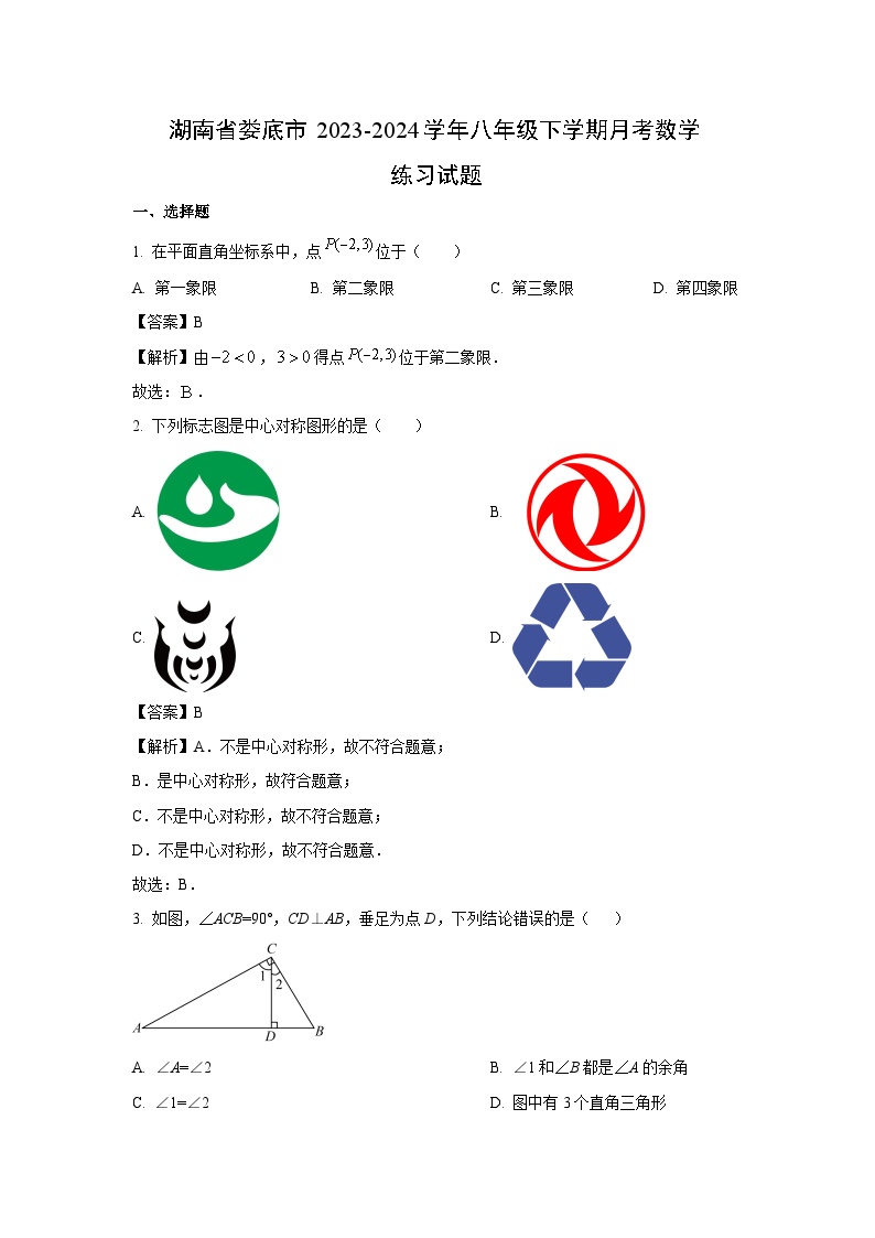 湖南省娄底市2023-2024学年八年级下学期月考练习数学试卷(解析版)