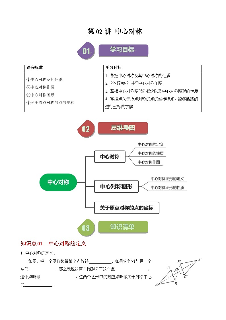 人教版数学九年级上册同步讲义+练习第23章第02讲 中心对称(原卷版)第1页